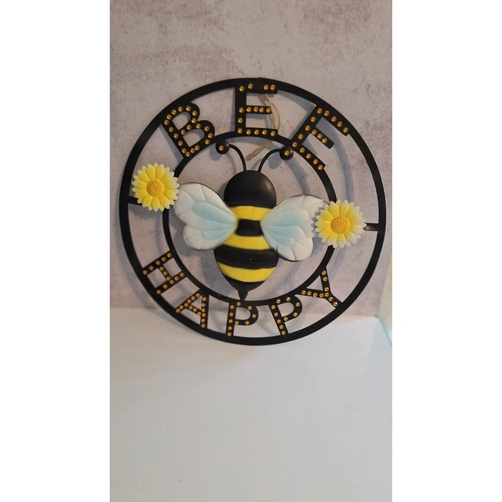 BEE HAPPY METAL WALL ART 3D BUMBLE BEE FLOWER FARMHOUSE DECOR SIGN